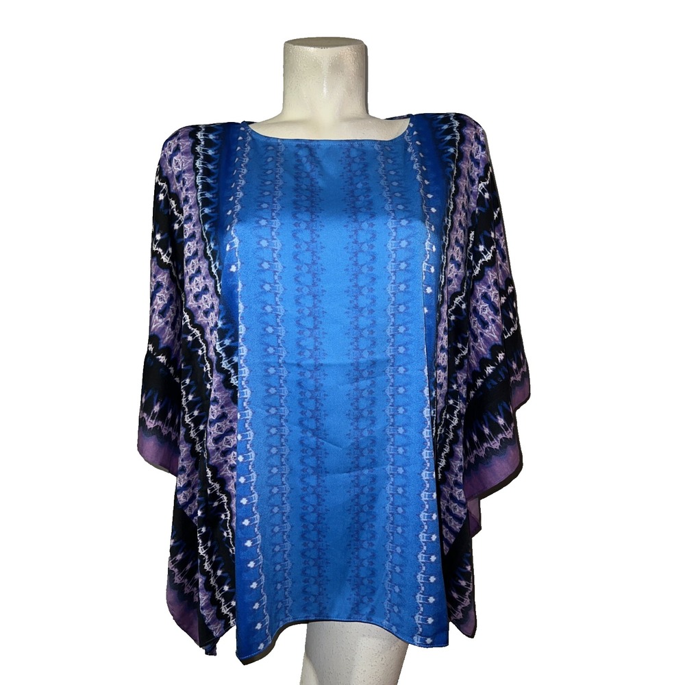 Bob Mackie Wearable Art Blue‎ Purple Ikat Print Kaftan Top Kimono Sleeve Medium